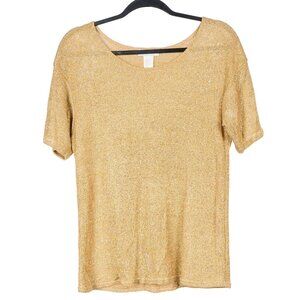 VTG Metallic Gold Shirt S Boho Gypsy SS Knit Stretch Lurex Shiny Party Fairy
